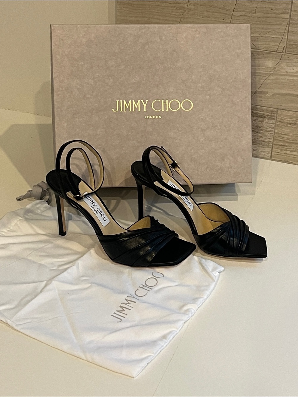 Jimmy Choo basil sandal 95 open toe black leather heels 38